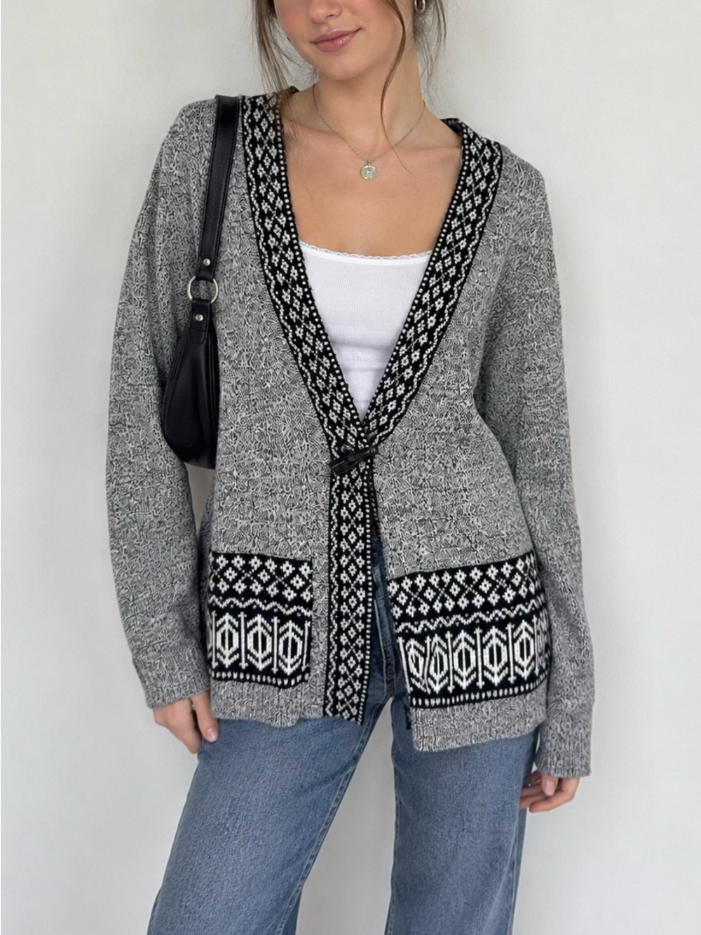 Vintage 90s Fair Isle Trim Open Front Grey Cotton Cardigan Eclectic Knit Sweater